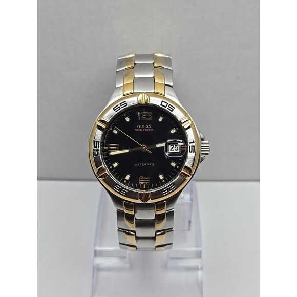 Guess Waterpro G66036G Mens Two Tone 100M Quartz Watch Date Bezel New Battery - Picture 1 of 9
